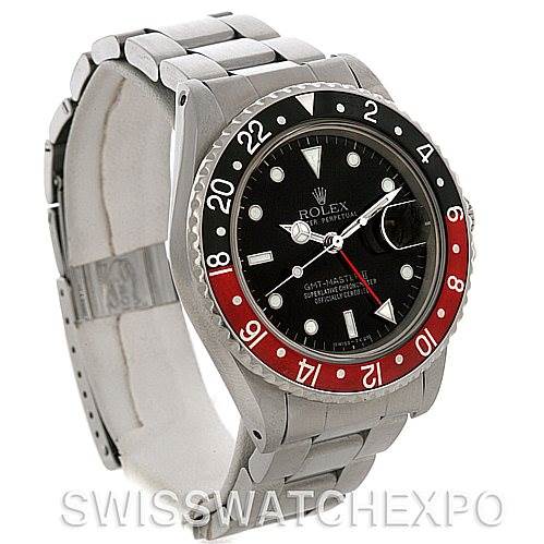 The image shows a side angle of a Rolex Vintage Collection 16760 Men's Stainless Steel Black Dial 16760 Men's Stainless Steel Black Dial GMT-Master II with a red and black bezel and stainless steel bracelet.