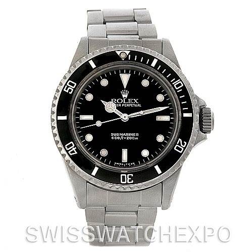 This image shows the front view of a Rolex Vintage Collection 5513 Men's Stainless Steel Black Dial 5513 Men's Stainless Steel Black Dial Submariner watch, displaying the dial, bezel, and bracelet.