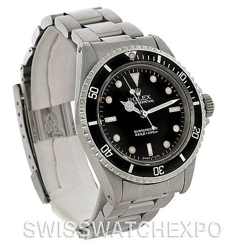The image shows a side-angle view of a Rolex Vintage Collection 5513 Men's Stainless Steel Black Dial 5513 Men's Stainless Steel Black Dial Submariner watch, including the dial, bezel, crown, and bracelet.
