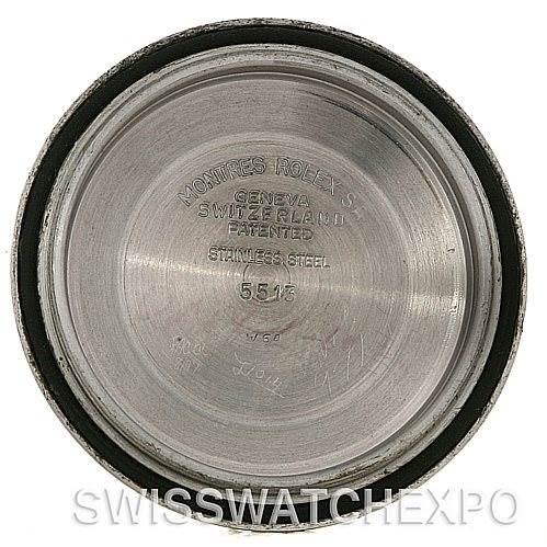 This image shows the inside of the case back of a Rolex Vintage Collection 5513 Men's Stainless Steel Black Dial 5513 Men's Stainless Steel Black Dial watch, featuring engravings and details about the model.