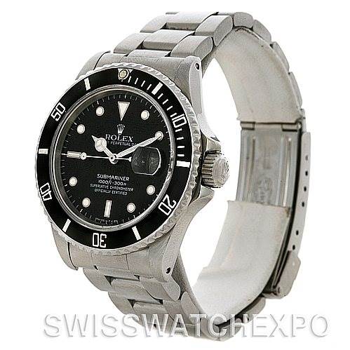 This Rolex Vintage Collection 168000 Men's Stainless Steel Black Dial 168000 Men's Stainless Steel Black Dial Submariner watch is shown at a slight angle, displaying the dial, bezel, crown, and bracelet.