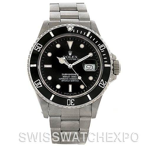 This image shows a front view of the Rolex Vintage Collection 168000 Men's Stainless Steel Black Dial 168000 Men's Stainless Steel Black Dial Submariner watch, highlighting its dial, bezel, and bracelet.