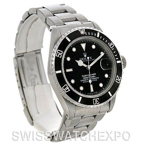 The image shows a side and front angle of a Rolex Vintage Collection 168000 Men's Stainless Steel Black Dial 168000 Men's Stainless Steel Black Dial Submariner watch, highlighting the bezel, dial, and bracelet.