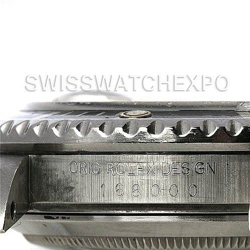 This image shows a close-up side view of the casing and bezel of a Rolex Vintage Collection 168000 Men's Stainless Steel Black Dial 168000 Men's Stainless Steel Black Dial model watch, with "ORIG ROLEX DESIGN 168000" engraved.