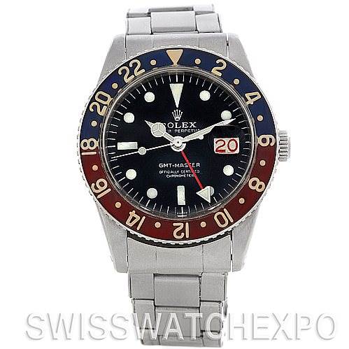 The image shows a front view of the Rolex Vintage Collection 6542 Men's Stainless Steel Black Dial 6542 Men's Stainless Steel Black Dial GMT-Master watch, highlighting its face, bezel, and bracelet.