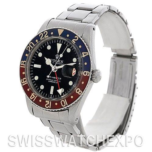 The image shows a side view of a Rolex Vintage Collection 6542 Men's Stainless Steel Black Dial 6542 Men's Stainless Steel Black Dial watch, highlighting its face, bezel, and bracelet.