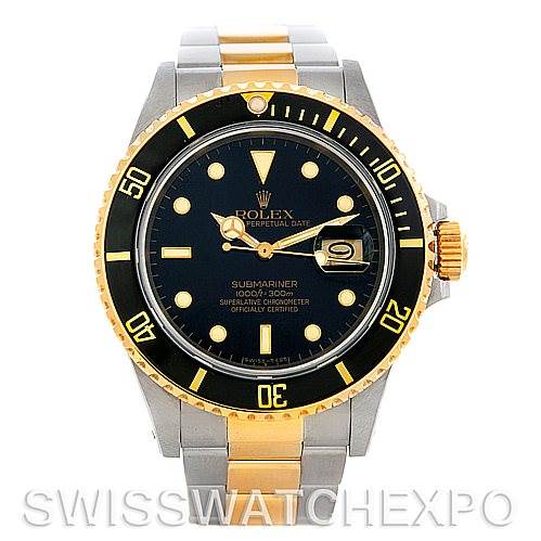 The image shows a front view of a Vintage Collection Rolex Submariner watch with a black dial and a two-tone gold and silver bracelet.