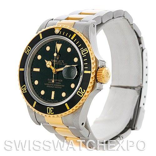 The image shows a side and front angle of the Rolex Vintage Collection 16803 Men's Steel and Gold (two tone) Black Dial 16803 Men's Steel and Gold (two tone) Black Dial Submariner watch, highlighting its two-tone metal band and detailed dial.