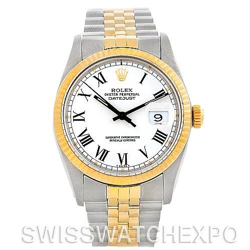 This image shows a front view of the Rolex Vintage Collection 16013 Men's Stainless Steel White Dial 16013 Men's Stainless Steel White Dial model Oyster Perpetual Datejust watch, highlighting its two-tone bracelet and date display.