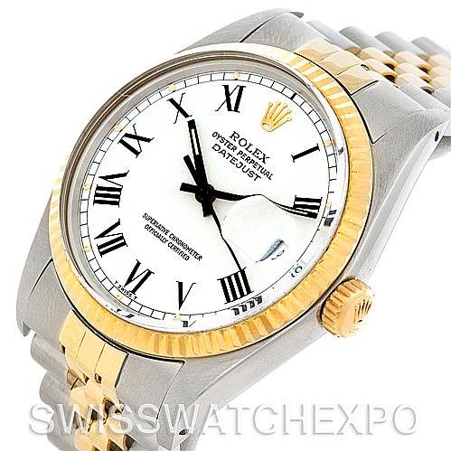 The image shows a Vintage Collection Rolex Datejust watch at an angled top view highlighting the dial, bezel, crown, and part of the bracelet.