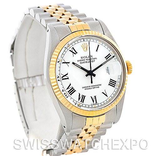 The image shows a frontal angled view of a Rolex Vintage Collection 16013 Men's Stainless Steel White Dial 16013 Men's Stainless Steel White Dial Datejust watch with a two-tone bracelet and Roman numeral dial.