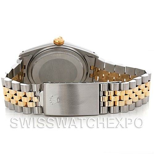 This is a rear view of a Rolex Vintage Collection 16013 Men's Stainless Steel White Dial 16013 Men's Stainless Steel White Dial watch, showing the case back and two-tone bracelet.