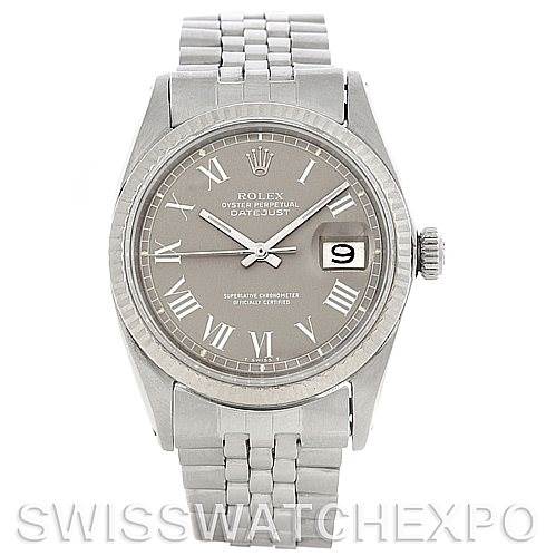 This image shows a full front view of a Rolex Oyster Perpetual Datejust Vintage Collection watch with a silver dial and Roman numerals.