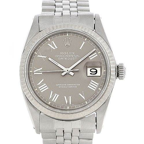 This is a frontal view of a Rolex Vintage Collection 1601 Men's Stainless Steel Grey Dial 1601 Men's Stainless Steel Grey Dial watch, featuring a silver dial, Roman numerals, and a date display at 3 o'clock.