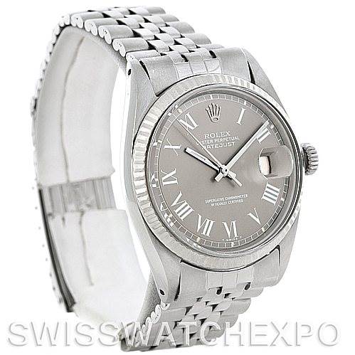 This image shows a Rolex Vintage Collection 1601 Men's Stainless Steel Grey Dial 1601 Men's Stainless Steel Grey Dial Datejust watch at a three-quarter angle, focusing on its face, bezel, and part of the bracelet.