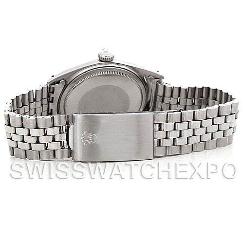 This image shows the back view of the Rolex Vintage Collection 1601 Men's Stainless Steel Grey Dial 1601 Men's Stainless Steel Grey Dial watch, including its case back and metal bracelet with the clasp.