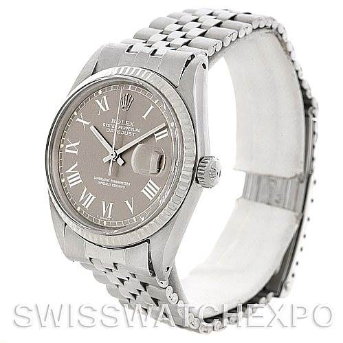 This image shows a Rolex Vintage Collection 1601 Men's Stainless Steel Grey Dial 1601 Men's Stainless Steel Grey Dial Datejust watch, displaying the face, bezel, crown, and bracelet at a three-quarter angle.