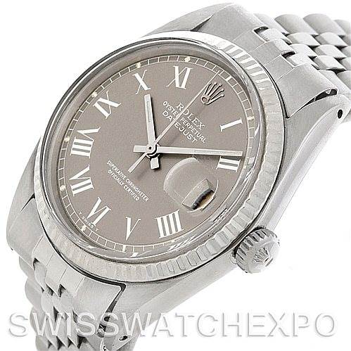 The image shows a close-up angled view of a Rolex Vintage Collection 1601 Men's Stainless Steel Grey Dial 1601 Men's Stainless Steel Grey Dial watch, displaying its dial, bezel, crown, and part of the bracelet.
