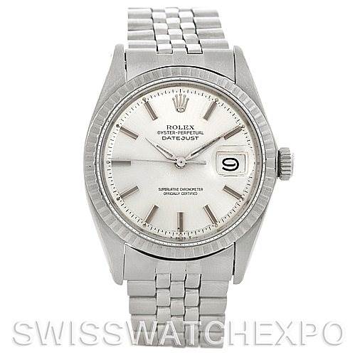 This image shows a Rolex Vintage Collection 1601 Men's Stainless Steel Silver Dial 1601 Men's Stainless Steel Silver Dial model watch with a silver dial, date window, and fluted bezel, viewed straight on from the front.