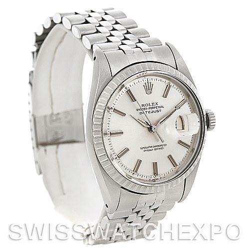 This image shows a side angle of the Rolex Vintage Collection 1601 Men's Stainless Steel Silver Dial 1601 Men's Stainless Steel Silver Dial Datejust model, highlighting the dial, bezel, and part of the bracelet.