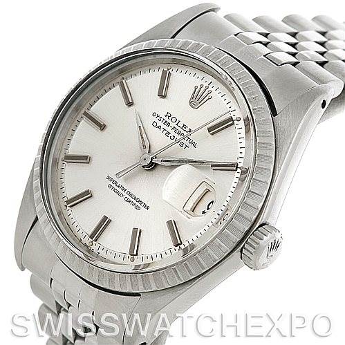 The image shows a Rolex Vintage Collection 1601 Men's Stainless Steel Silver Dial 1601 Men's Stainless Steel Silver Dial Datejust model watch, focusing on the dial, bezel, crown, and part of the bracelet at an oblique angle.