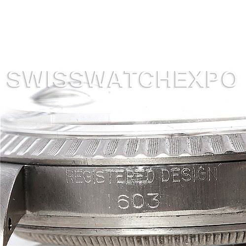 This image shows a close-up view of the case side and engraved serial number "1603" of a Vintage Collection model by Rolex.