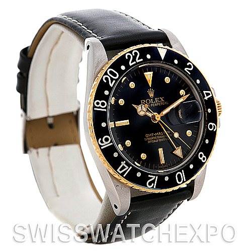 The image shows a Rolex Vintage Collection 16753 Men's Stainless Steel Black Dial 16753 Men's Stainless Steel Black Dial model watch at an angle highlighting the face, bezel, and leather strap.