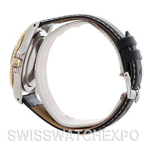 The image shows a side view of a Vintage Collection Rolex watch, highlighting the watch case, crown, and leather strap.