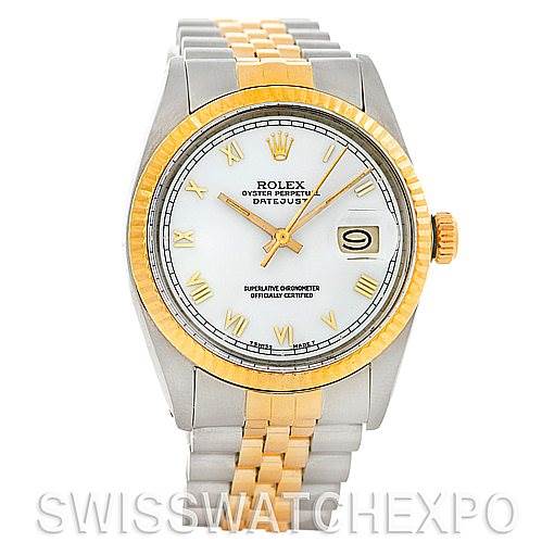 The image shows a frontal view of a Rolex Vintage Collection 16013 Men's Stainless Steel White Dial 16013 Men's Stainless Steel White Dial watch with a two-tone metal band and a white dial featuring Roman numeral markers.