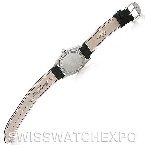 This image shows a rear view of the Rolex Vintage Collection 6694 Men's Stainless Steel Black Dial 6694 Men's Stainless Steel Black Dial model, displaying the case back, leather strap, and buckle.