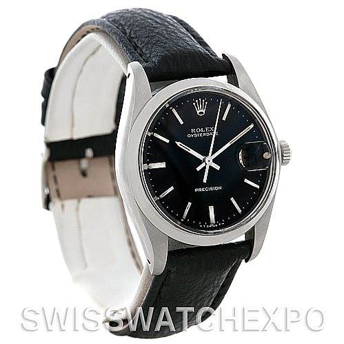 The image shows a side and front view angle of a Rolex Vintage Collection 6694 Men's Stainless Steel Black Dial 6694 Men's Stainless Steel Black Dial watch, highlighting its black dial, crown, and leather strap.