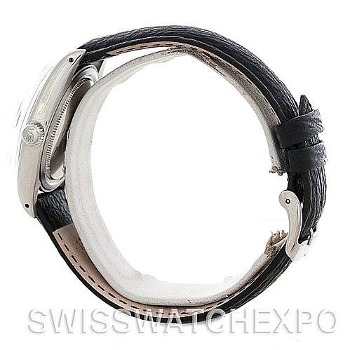 This image shows the side profile of a Rolex Vintage Collection 6694 Men's Stainless Steel Black Dial 6694 Men's Stainless Steel Black Dial watch with a black leather strap.