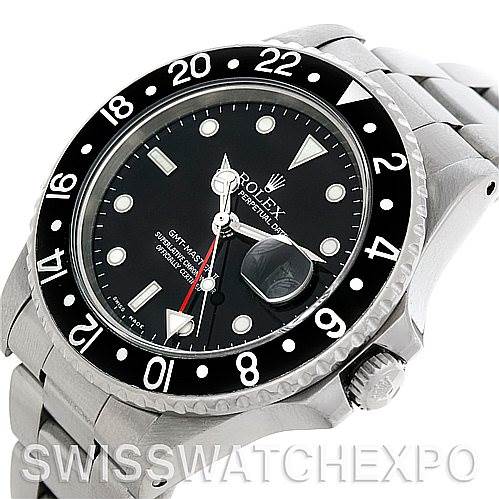 This image shows a close-up of the face and bracelet of a Rolex Vintage Collection 16760 Stainless Steel Black Dial 16760 Stainless Steel Black Dial watch, angled slightly from the side.