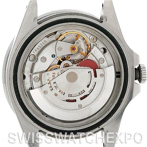 The image shows the internal mechanism of the Rolex Vintage Collection 16760 Stainless Steel Black Dial 16760 Stainless Steel Black Dial model from a rear view, with the case back removed.