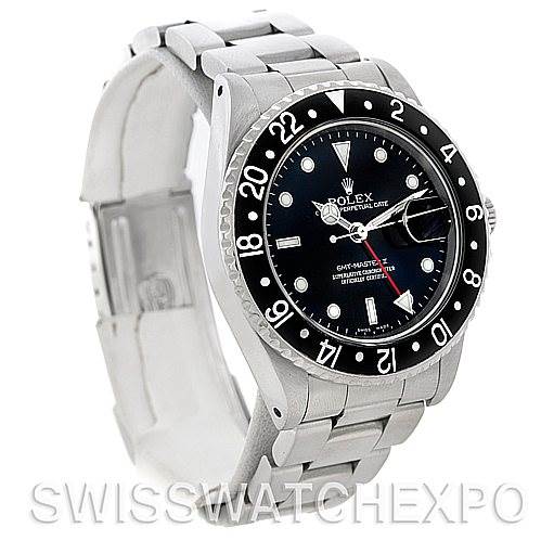 The image shows a Rolex Vintage Collection 16760 Stainless Steel Black Dial 16760 Stainless Steel Black Dial model from a side angle, highlighting its black bezel, black dial, and silver metal bracelet.