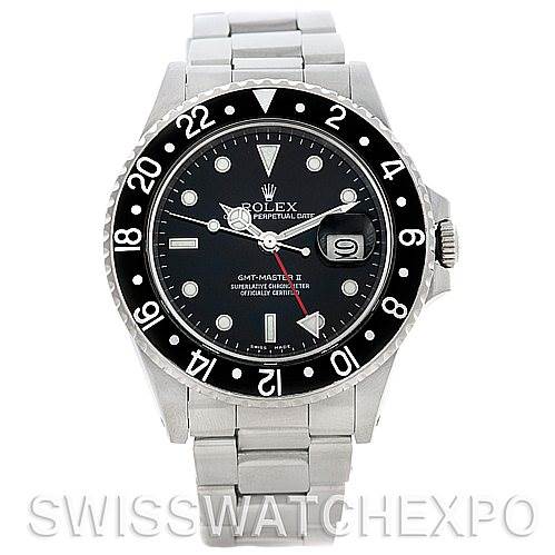 This image shows a front view of the Rolex Vintage Collection 16760 Stainless Steel Black Dial 16760 Stainless Steel Black Dial GMT-Master II watch, focusing on the dial and bracelet.