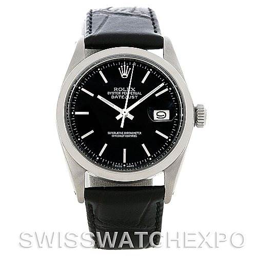 The image shows a front view of the Rolex Vintage Collection 1601 Men's Stainless Steel Black Dial 1601 Men's Stainless Steel Black Dial Oyster Perpetual Datejust watch, including the dial, bezel, and leather strap.