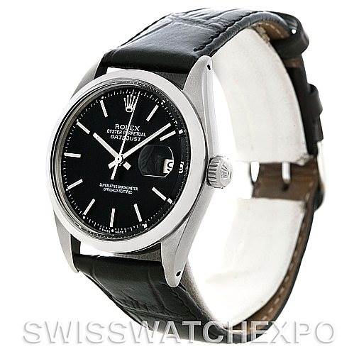 This image shows the Rolex Vintage Collection 1601 Men's Stainless Steel Black Dial 1601 Men's Stainless Steel Black Dial watch at a three-quarter angle, highlighting the black dial, bezel, and leather strap.