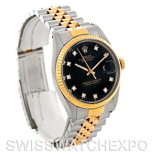 This image shows a Rolex Vintage Collection 16013 Men's Stainless Steel Black Dial 16013 Men's Stainless Steel Black Dial model watch at a 3/4 angle, highlighting the face, bezel, bracelet, and clasp.