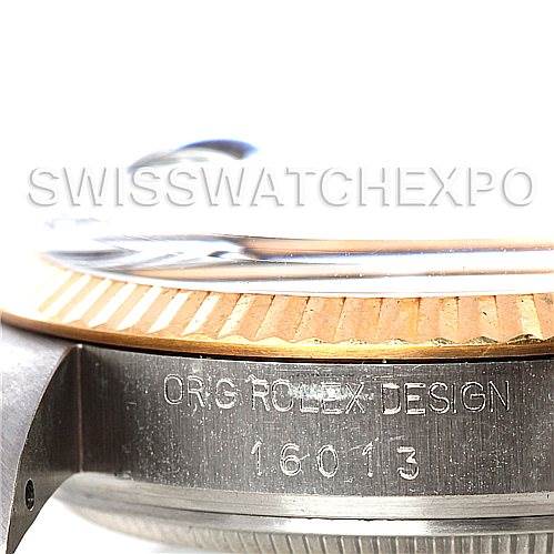 The image shows a side view of the Rolex Vintage Collection 16013 Men's Stainless Steel Black Dial 16013 Men's Stainless Steel Black Dial watch case with engraved "ORG ROLEX DESIGN 16013".