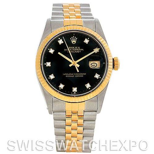 The image shows a front view of a Rolex Vintage Collection 16013 Men's Stainless Steel Black Dial 16013 Men's Stainless Steel Black Dial watch with a black dial, diamond hour markers, and a two-tone bracelet.