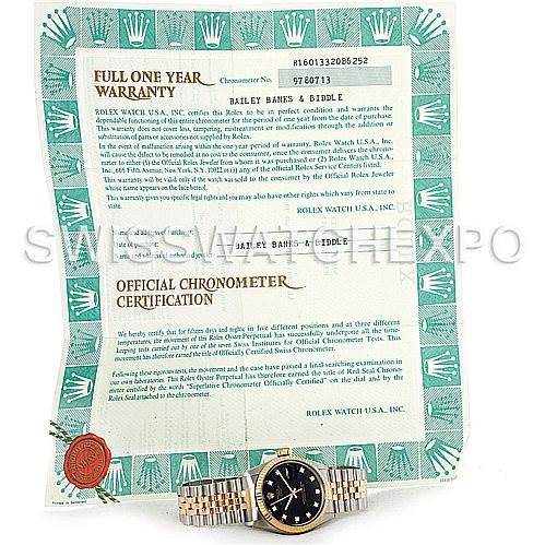 The image shows a Rolex Vintage Collection 16013 Men's Stainless Steel Black Dial 16013 Men's Stainless Steel Black Dial watch placed in front of its official chronometer certification and warranty papers.
