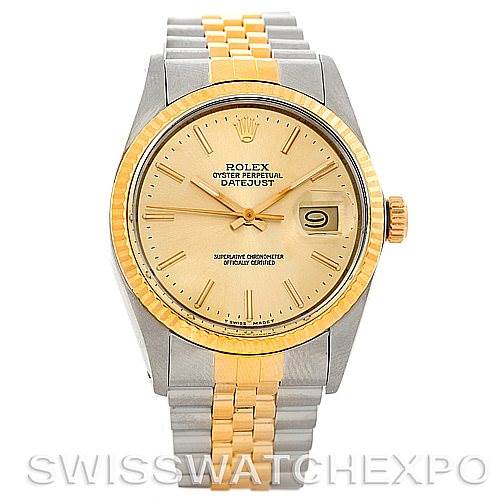This Rolex Vintage Collection 16013 Men's Stainless Steel Champagne Dial 16013 Men's Stainless Steel Champagne Dial model is shown from a front angle, displaying the face, bezel, crown, and Jubilee bracelet.