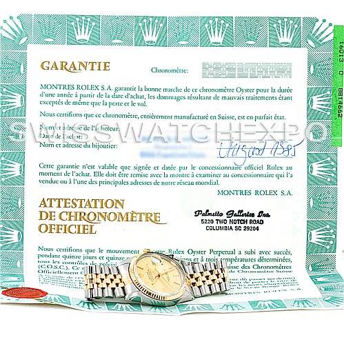 The image shows a Rolex Vintage Collection 16013 Men's Stainless Steel Champagne Dial 16013 Men's Stainless Steel Champagne Dial model watch, laying flat along with its warranty certificate and official chronometer attestation.
