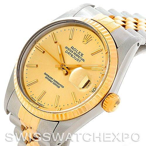 The image shows a Rolex Vintage Collection 16013 Men's Stainless Steel Champagne Dial 16013 Men's Stainless Steel Champagne Dial Datejust watch at an angle highlighting the bezel, dial, crown, and bracelet.