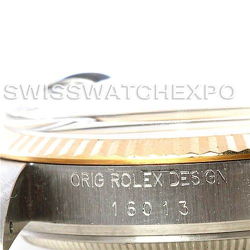This close-up shows the side view of a Rolex Vintage Collection 16013 Men's Stainless Steel Champagne Dial 16013 Men's Stainless Steel Champagne Dial watch, highlighting the case and engraving with model number 16013.
