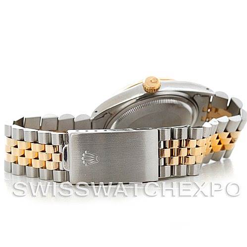 This image shows the rear and clasp of the Rolex Vintage Collection 16013 Men's Stainless Steel Champagne Dial 16013 Men's Stainless Steel Champagne Dial watch, featuring a two-tone metal bracelet.