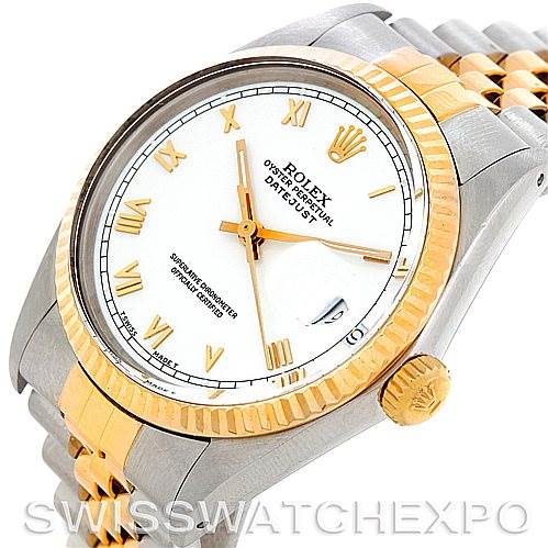 The Vintage Collection Rolex watch is shown from an angled side view, displaying its face, bezel, crown, and part of the bracelet.