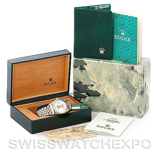 The image shows a Rolex Vintage Collection 16013 Men's Stainless Steel White Dial 16013 Men's Stainless Steel White Dial model watch, its box, papers, and additional accessories from a slightly elevated angle.