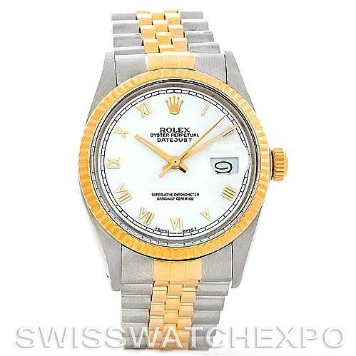 This image shows a front view of a Rolex Vintage Collection 16013 Men's Stainless Steel White Dial 16013 Men's Stainless Steel White Dial Oyster Perpetual Datejust watch, highlighting its face, bezel, and bracelet.